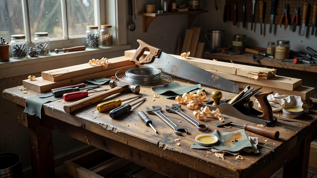 Workbench displaying assorted manual hand tools and materials