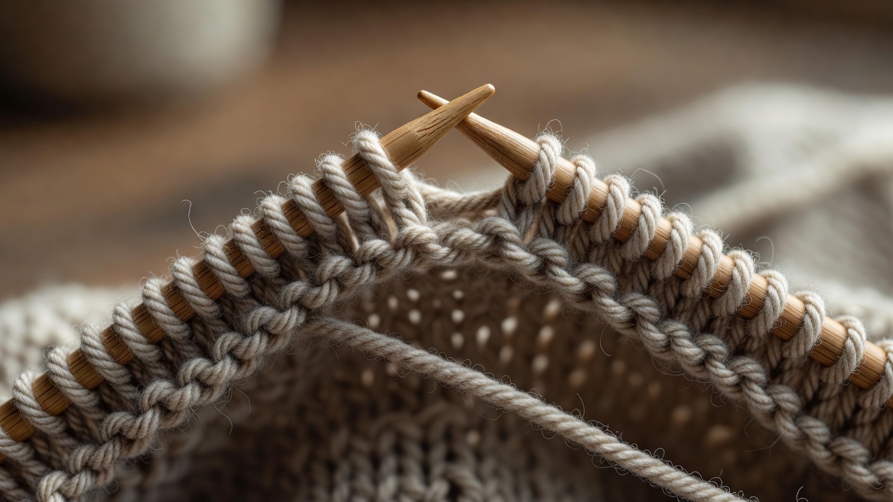 Two wooden knitting needles held with tensioned wool yarn, showing a partial row of knit stitches