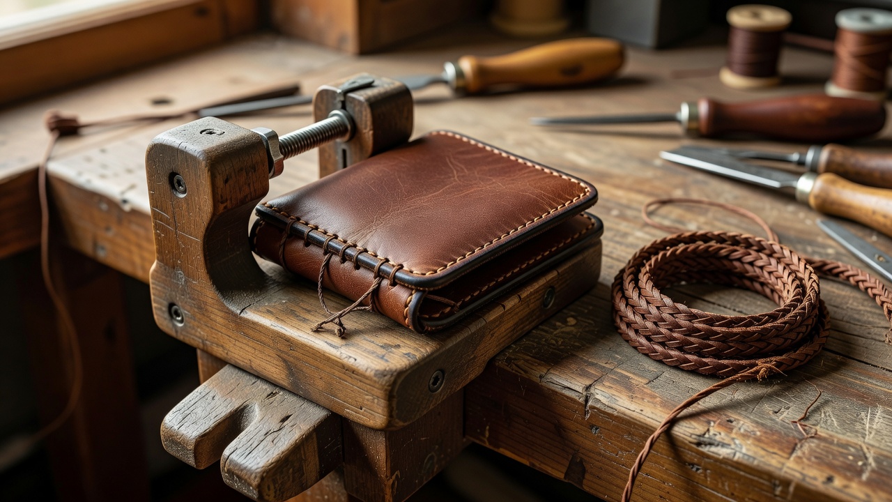A stitched leather wallet clamped in a wooden stitching pony