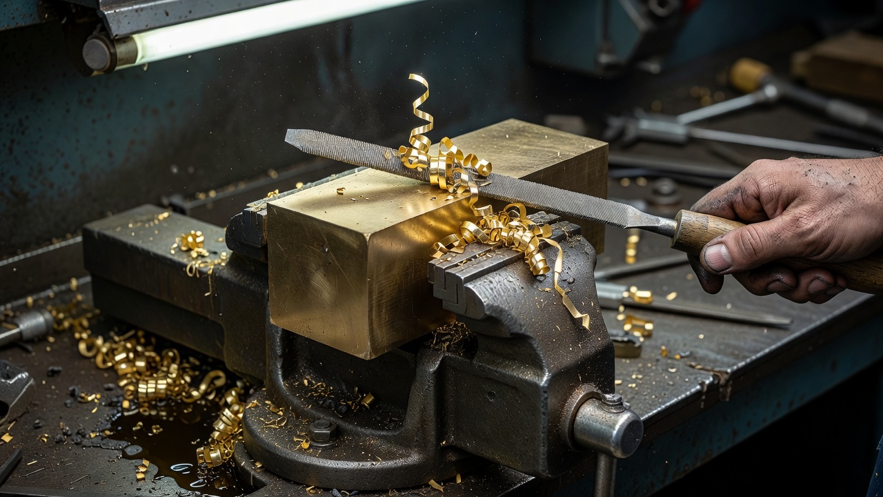 A block of brass clamped in a machinist vise being worked by a flat file