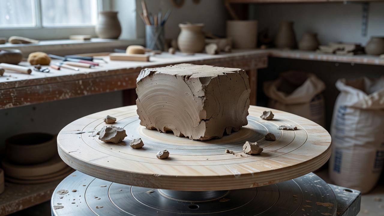 A block of clay positioned on the center of a potter's wheel bat