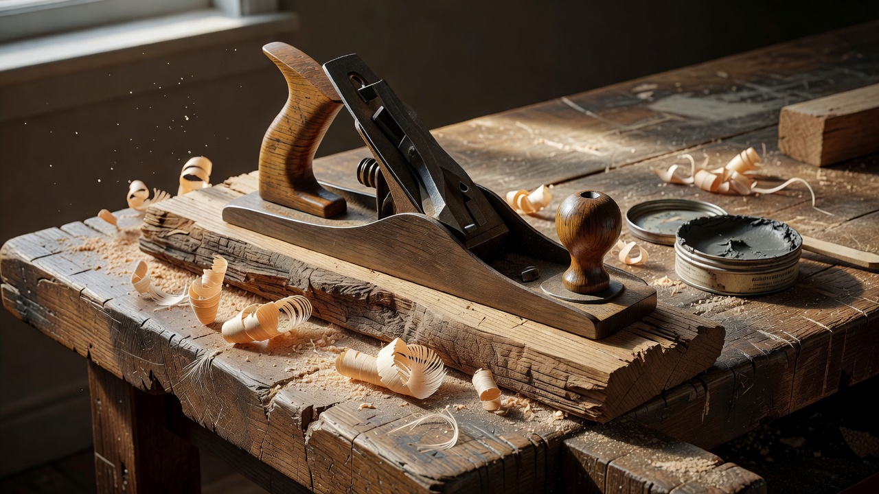 A jack plane resting on a piece of rough timber on a workbench